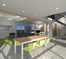 Nouvelles vues 3d intérieur avec intégration du poêle à pellets, décalage de la baie vitrée et changement de position du meuble Tv et des dimensions des caissons de faux plafonds