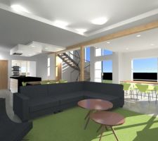 Nouvelles vues 3d intérieur avec intégration du poêle à pellets, décalage de la baie vitrée et changement de position du meuble Tv et des dimensions des caissons de faux plafonds