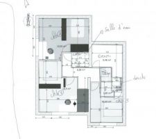 Voilà l'étage, avec un escalier en 1/4 tournant, qui arrive sur le palier. Le palier dessert les chambres des filles et leur salle d'eau sur la gauche, sur la droite, au dessus du garage, un grenier, avec 1 wc, la chambre parentale avec une partie dressing et une salle d'eau privative.