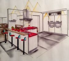Dessin de notre future cuisine, couleur blanc et noire. On a choisi le plan de travail en quartz noir et les meubles blancs
