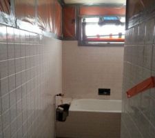 13/08/13 : Notre salle de bain. Admirez le superbe trou dans la baignoire suive aux analyses techniques amiantes... ils comprenaient pas à l'inspection du travail qu'on ne voulait pas au début des analyses trop poussées... quand on vit dedans c'est moins facile pour se baigner !!!!!!!