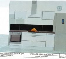 Plan de la future cuisine avec Cuisinella
meubles blanc laqué et plan de travail anthracite 
pan de mur cote cuisson