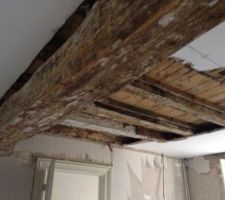 Destruction de l'actuel plafond pour traitement des poutres.
Chambre rdc.