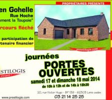 Pour ceux ou celles qui ont un projet de construction, mon constructeur Prestilogis organise une porte ouverte ce week end (17 et 18 mai)à Loos en Gohelle. Dans notre cas, c'est lors d'une porte ouverte en visualisant le travail de l'entreprise et en parlant directement avec le proprio de la maison que notre choix définitif s'est effectué. Et pour le moment, en toute objectivité, nous ne regrettons pas.

N'hésitez pas à aller voir, ça ne coute rien :)